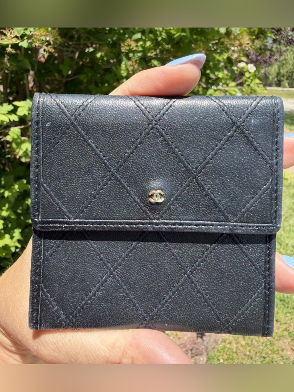 CHANEL Lambskin Black Quilted Leather Coin Case Wallett CC Logo Vintage